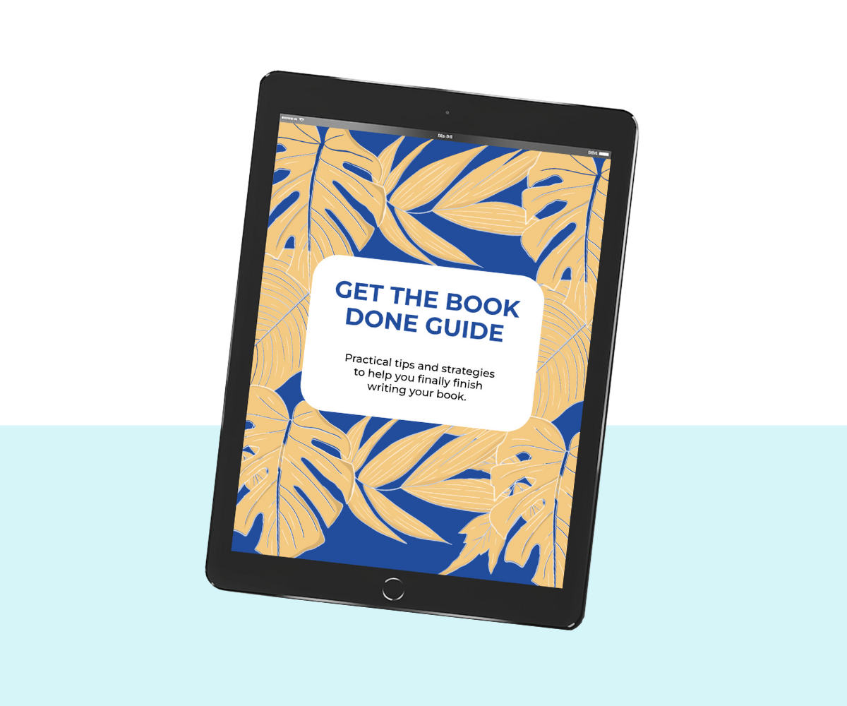 tablet mockup with the Get the Book Done Guide ebook