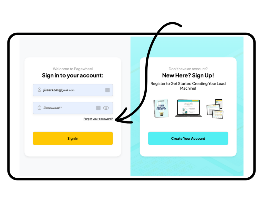 arrow pointing to the Forgot Your Password link on the Pagewheel login page