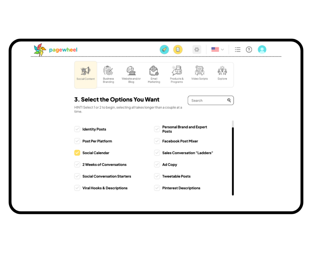 Social Calendar selected with the yellow checkmark