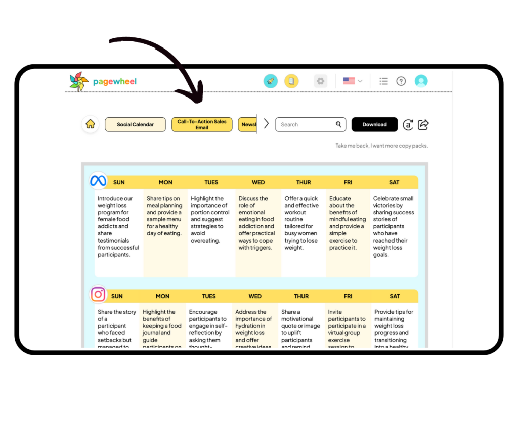 black arrow pointing to Pagewheel copy packs tabs