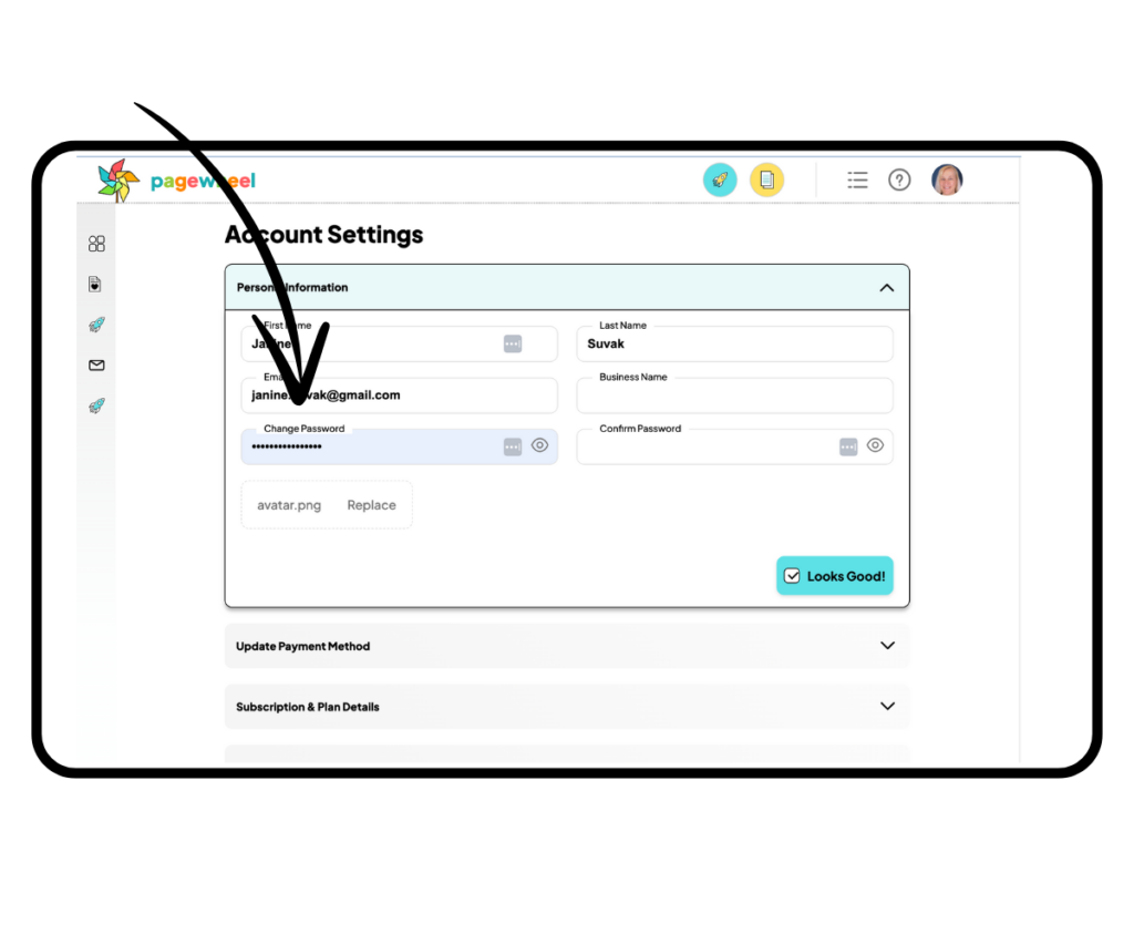 Change and confirm password in the Pagewheel personal Account Settings