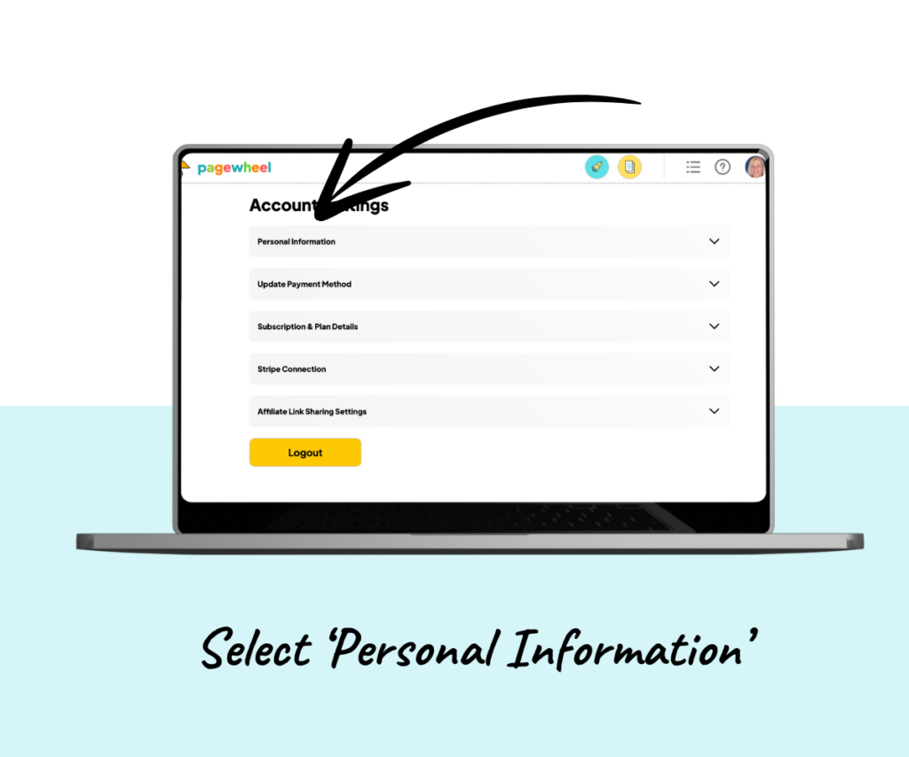 black arrow pointing the to the Personal Information selection in Pagewheel Account Settings