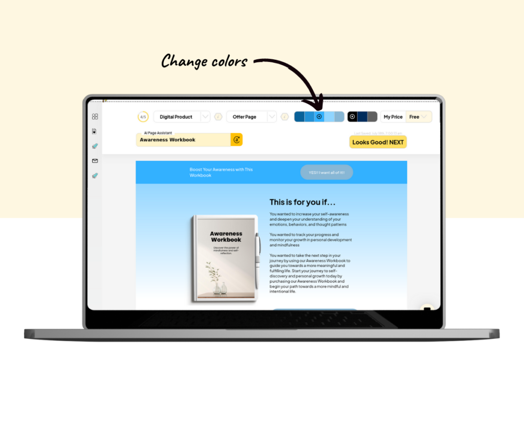 An annotated screenshot showing how to change the colors of a product’s Offer Page.