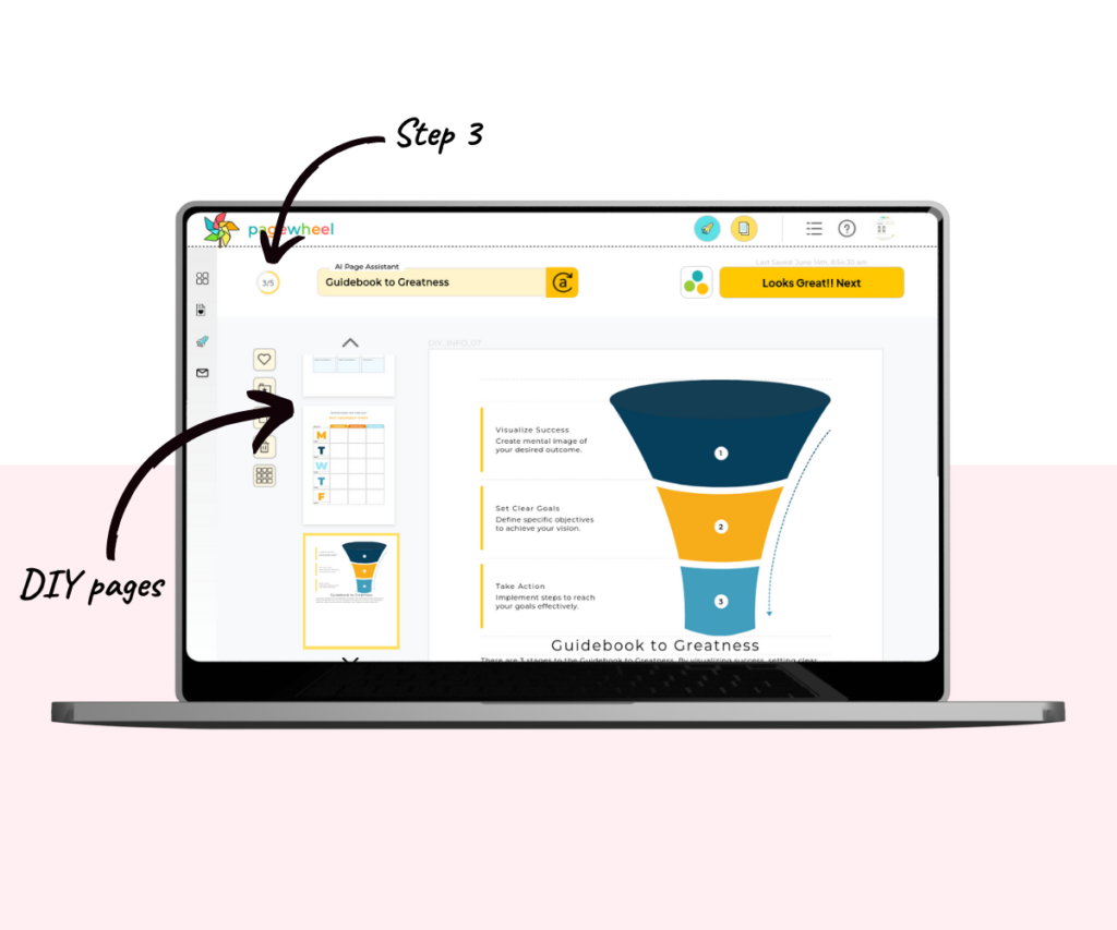 An annotated screenshot showing the product builder workflow stage and location of the DIY pages pane.