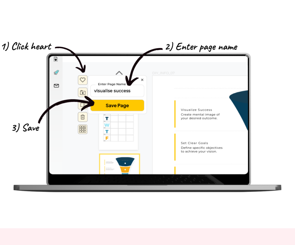 An annotated screenshot showing the stages to saving a page.