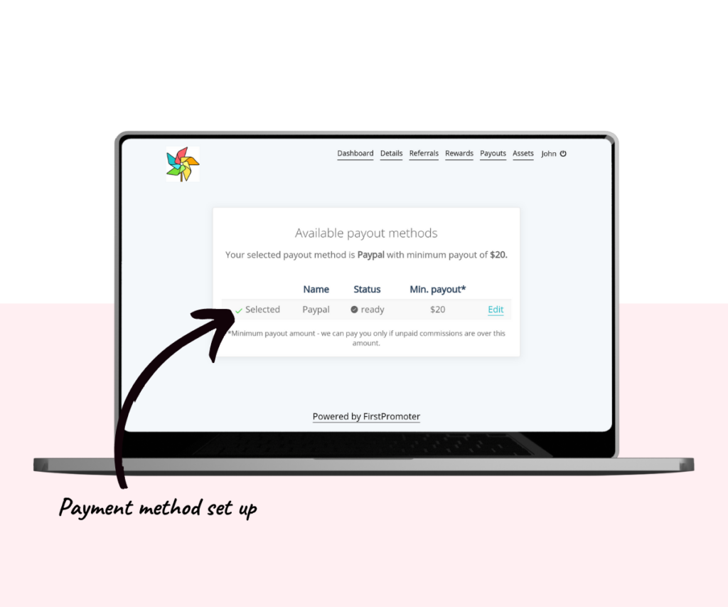 An annotated screenshot of the confirmation screen after setting up PayPal. 