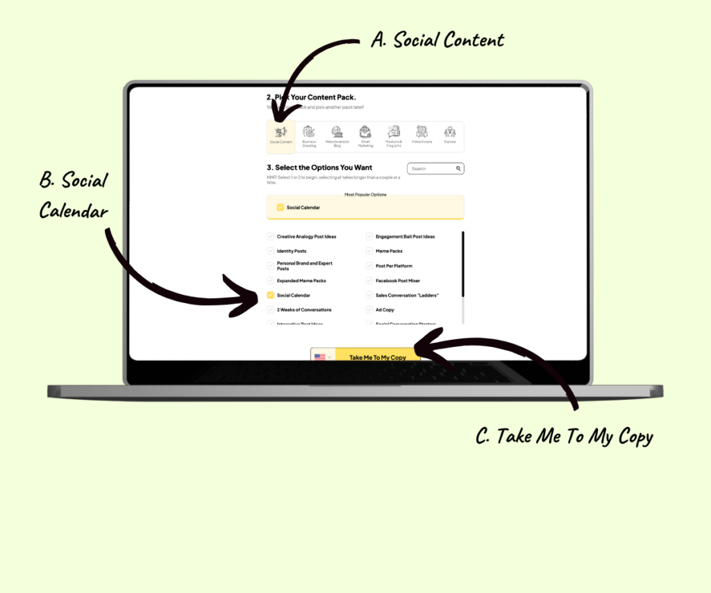 laptop mockup showing Pagewheel Copy Packs dashboard, with arrows pointing to each of the three steps "Social Content", "Social Calendar" and "Take Me To My Copy"