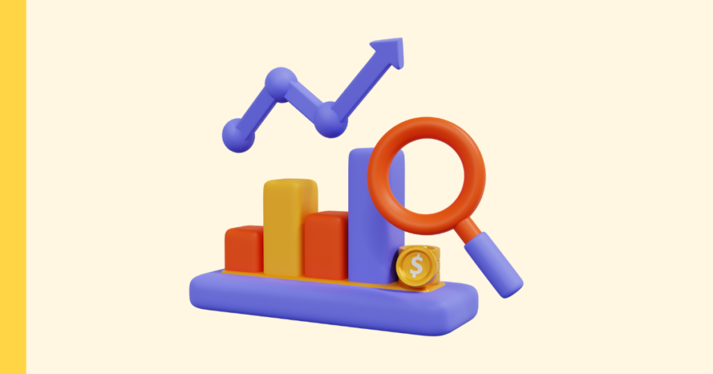 Simple graphic of a bar graph with an arrow along the bars, and a magnifying glass over it.