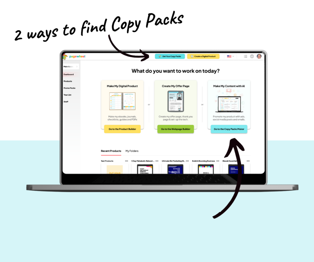 image of the Pagewheel dashboard on a laptop with arrows pointing to the Copy Packs buttons