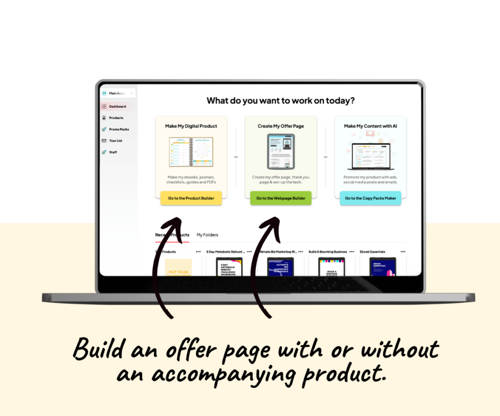 laptop with a screenshot of the Pagewheel dashboard and arrows pointing to the Product Builder and Webpage Builder buttons.