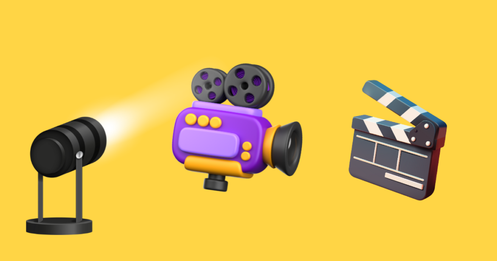 Icons for 'lights, camera, action!' on a yellow background