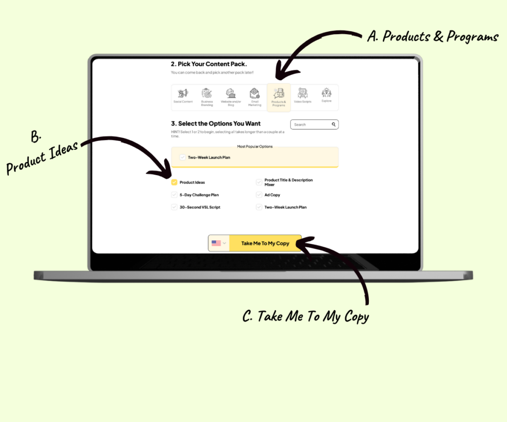 screenshot of the Copy Packs workflow with arrows pointing to the next two steps.