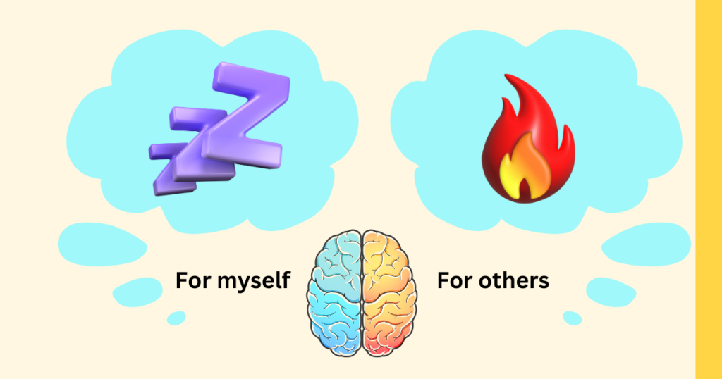 A brain, thinking on the left side 'zzZ''for myself' and thinking on the right side 'on fire' 'for others'.