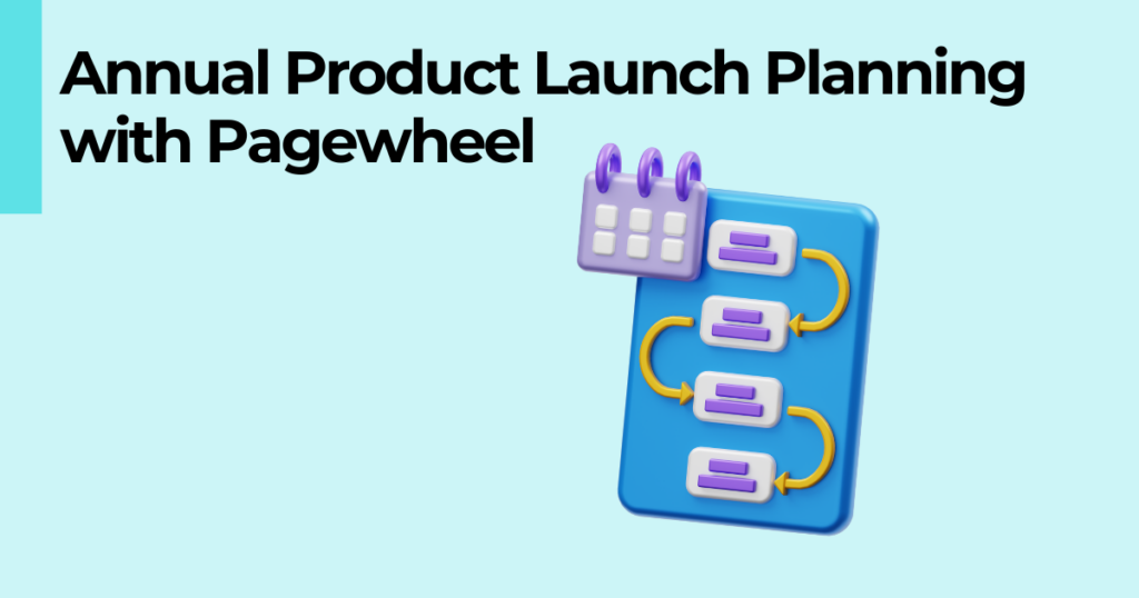 Graphic of a workflow icon overlayed by a small calendar icon on a blue background with the text "Annual Product Launch Planning With Pagewheel"