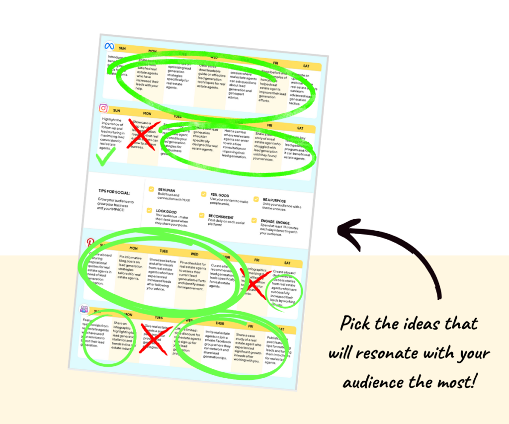 Pagewheel Social Calendar copy pack with items circled in green circles or crossed out with red x's. "Pick the ideas that will resonate with your audience the most!" text with black arrow pointing to the copy pack.