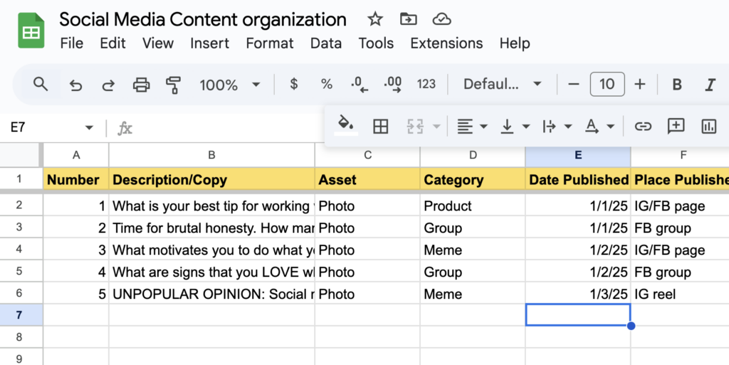 Screenshot of a Google Sheet used for keeping track of social media assets and publication schedule.