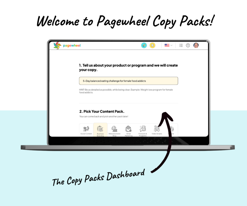 laptop mockup displaying the Pagewheel Copy Packs dashboard