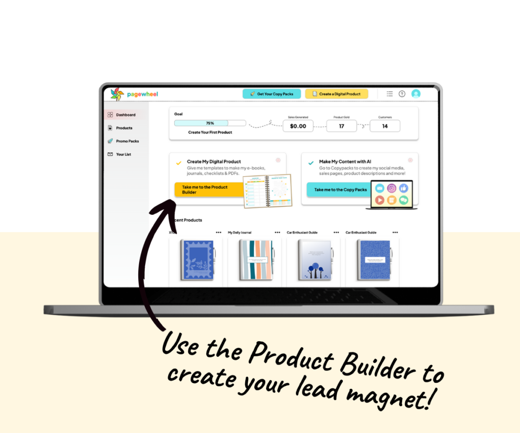 laptop mockup showing the Pagewheel dashboard, with an arrow pointing to the Product Builder button