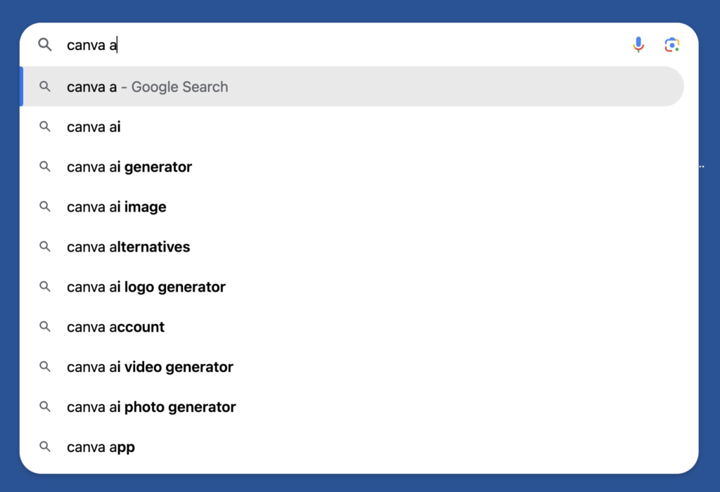 screenshot of google autofill dropdown menu for the keyword 'canva a'