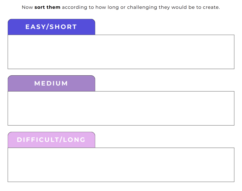 screenshot from the workbook of the section for sorting topics by level of difficulty.