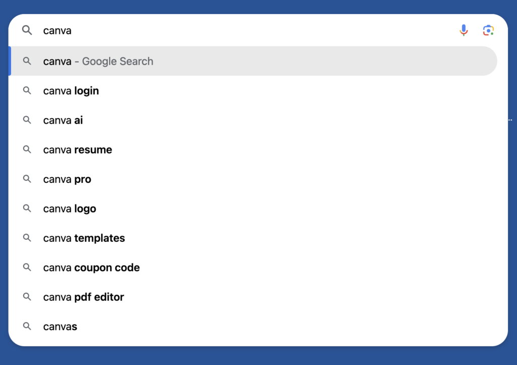 screenshot of google autofill dropdown menu for the keyword 'canva'