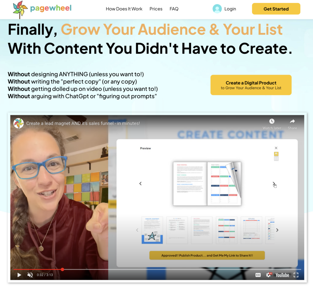 screenshot of Pagewheel.com, with the headline "Finally, Grow Your Audience & Your List with content you didn't have to create"