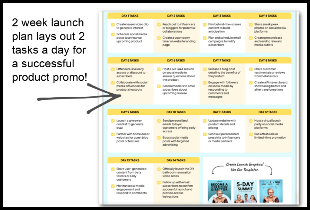 2 week launch plan lays out 2 tasks a day for successful product promo