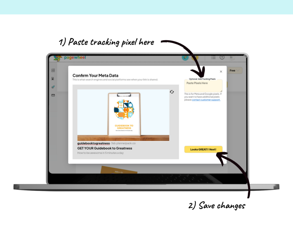 A screenshot showing where to paste your tracking pixel and how to save changes.