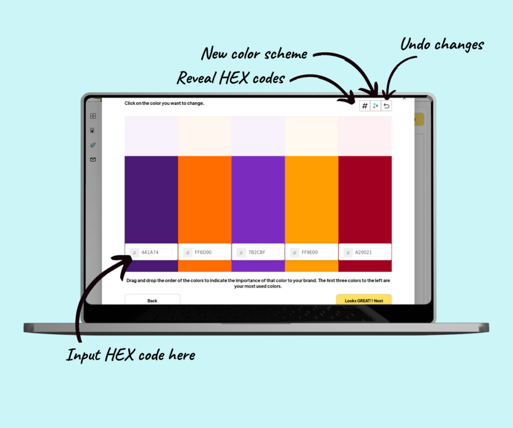 A screenshot showing useful features of the custom color set tool.