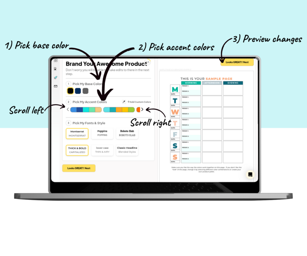 An annotated screenshot showing how to change the text color of a digital product.