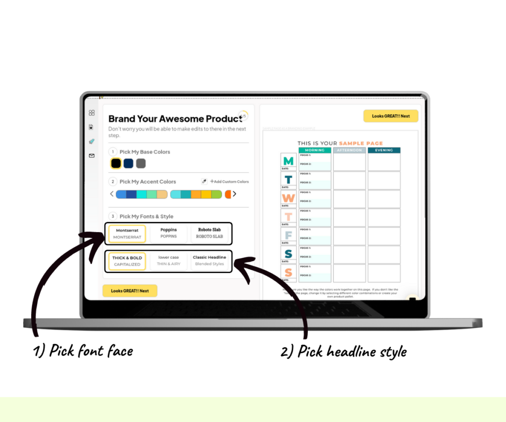 An annotated screenshot showing how to pick a font face and headline style for a product.