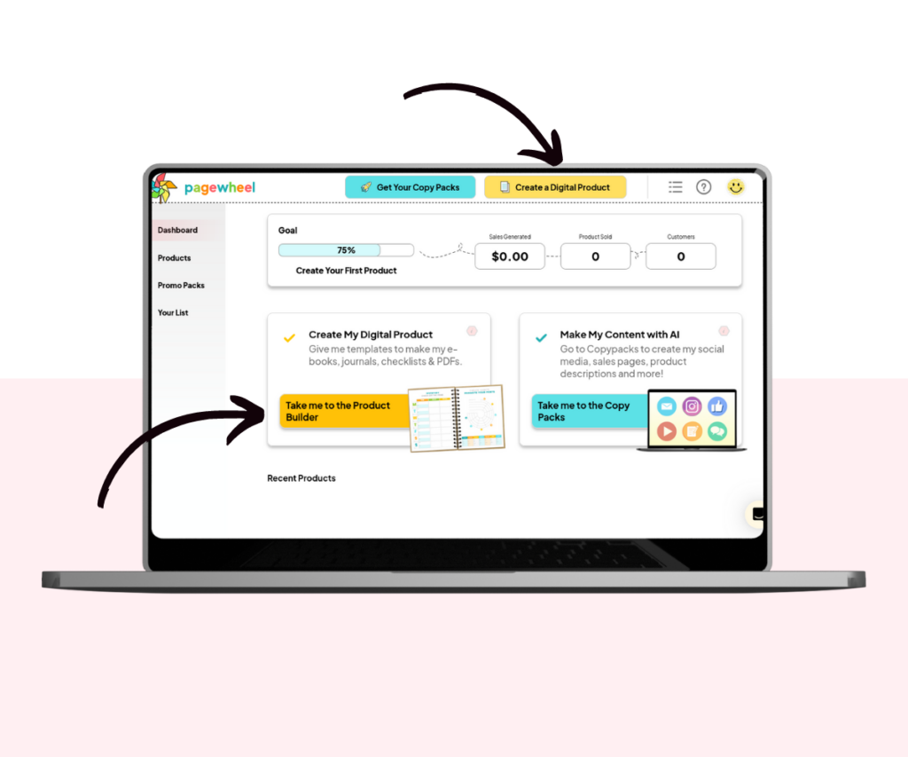 A screenshot showing how to access the digital product builder.