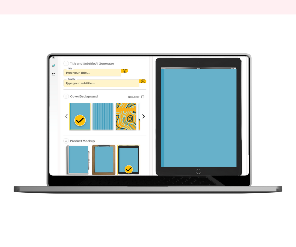 A screenshot of the title, cover, and mockup stage of the product builder.