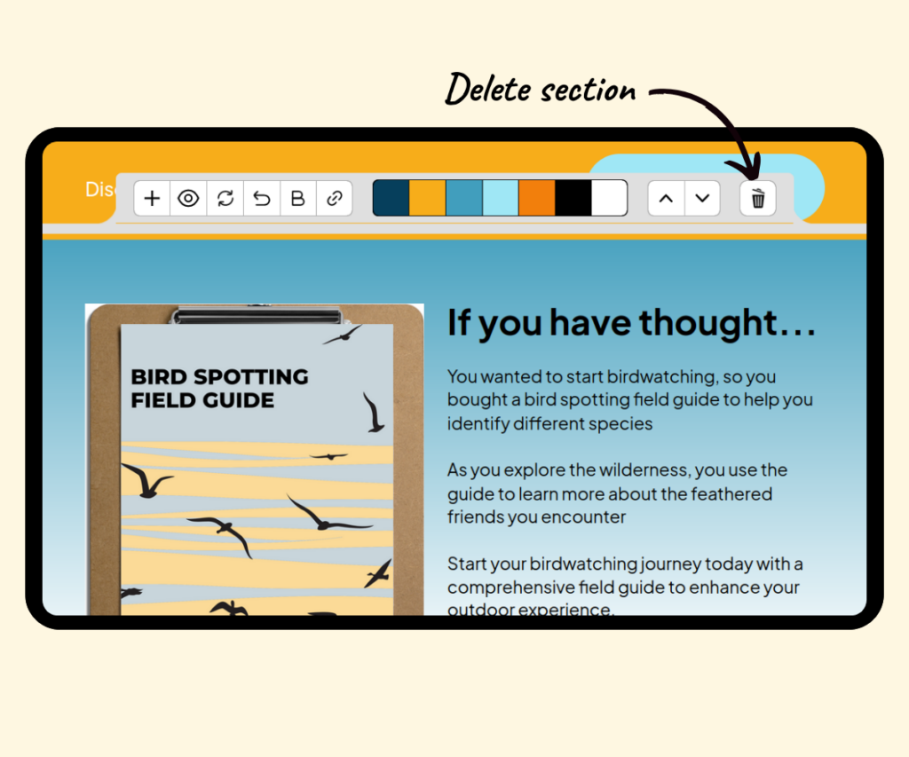 A screenshot showing where to click to delete a section.
