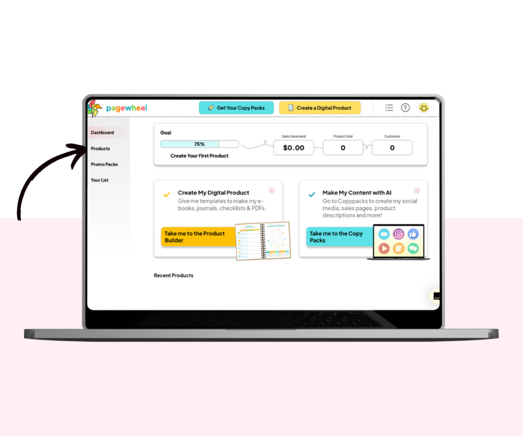 An annotated screenshot showing how to access the product library.