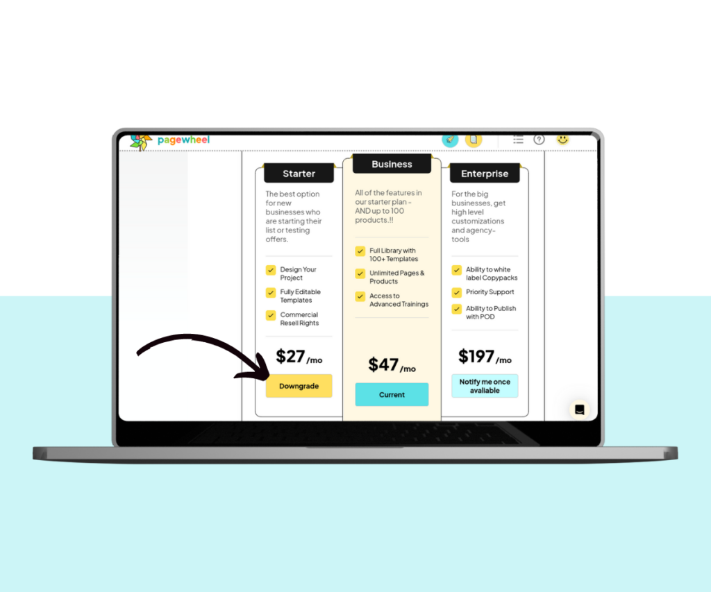 A screenshot showing how to downgrade a Pagewheel plan.