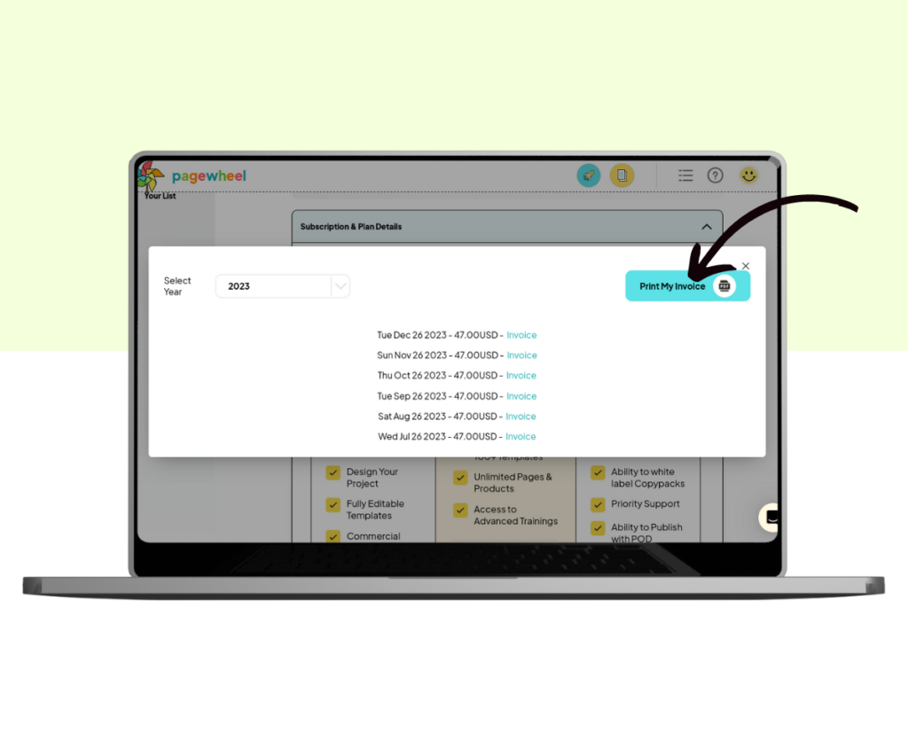 A screenshot showing where to click to print the invoice.