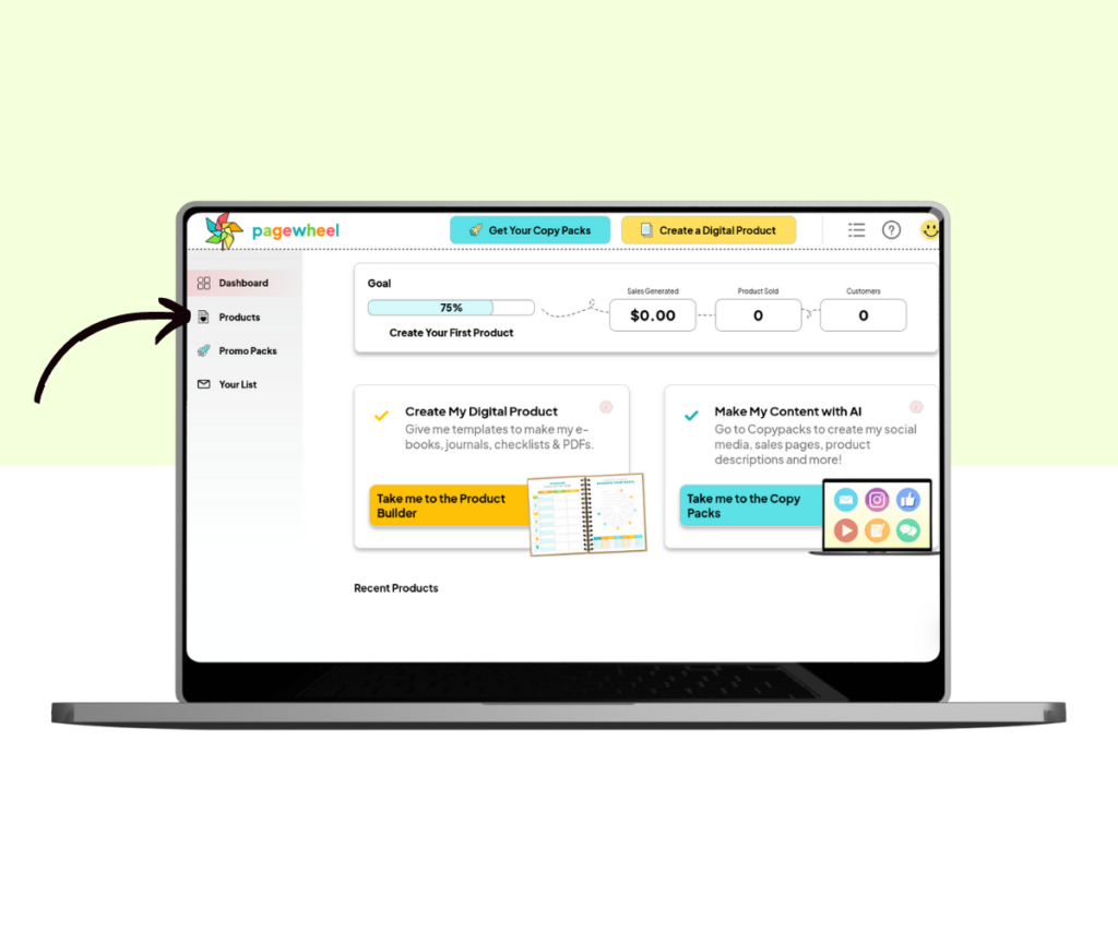 An annotated screenshot showing how to access the product library.