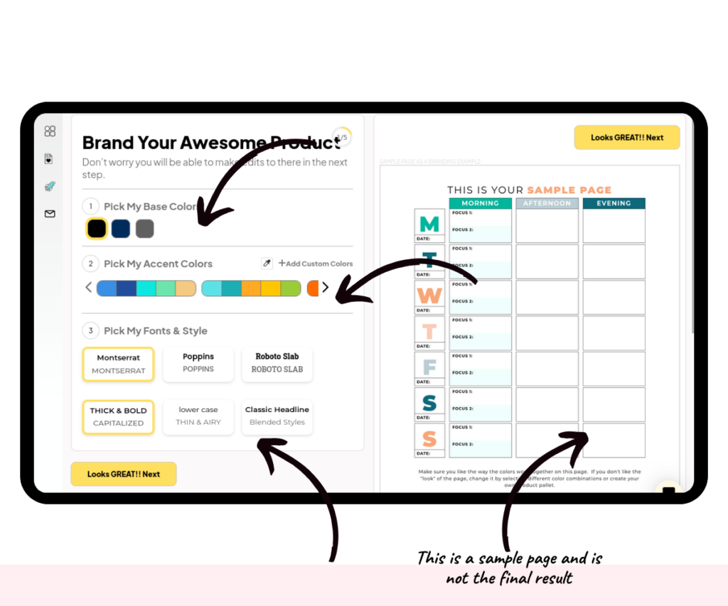 A screenshot showing how to apply colors and font styles to a digital product.