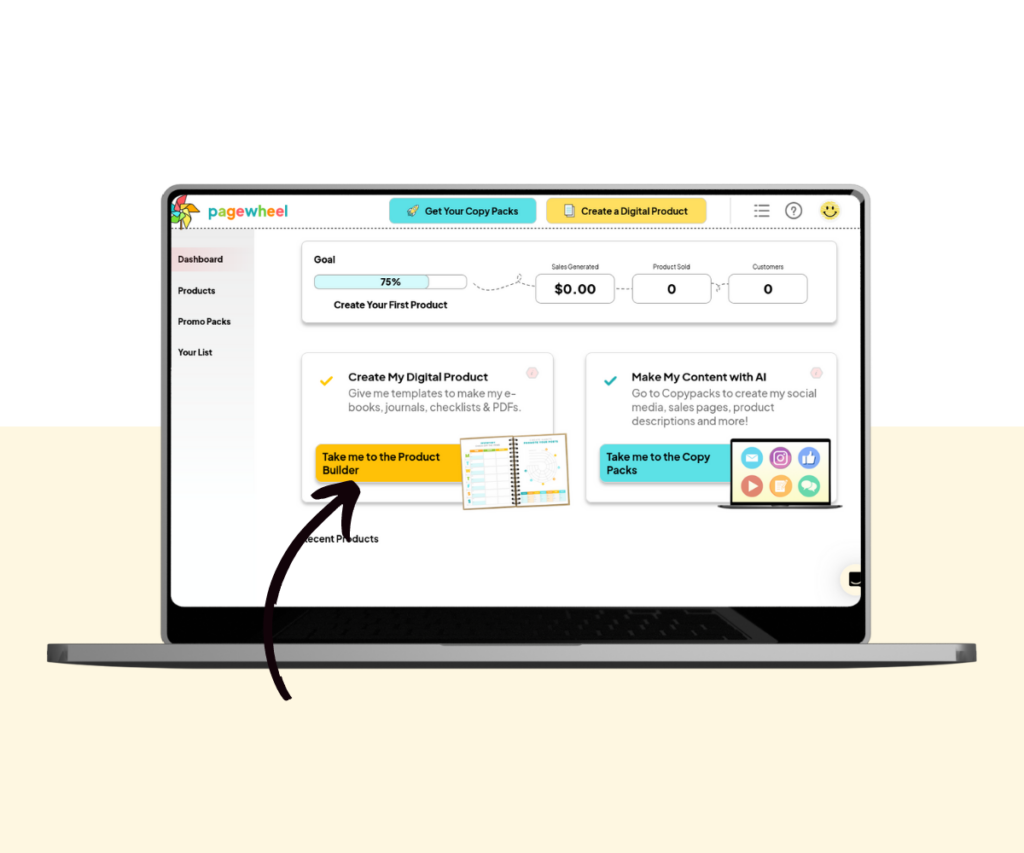An annotated screenshot showing how to open the Product Builder from Pagewheel’s dashboard.