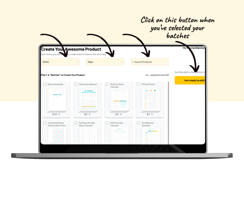 An annotated screenshot showing how to choose pages batches and add them to the product.