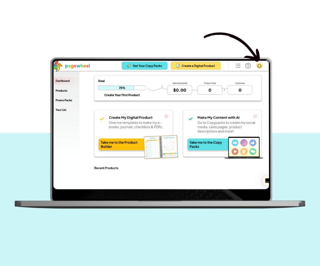 A screenshot showing how to open account settings in Pagewheel.