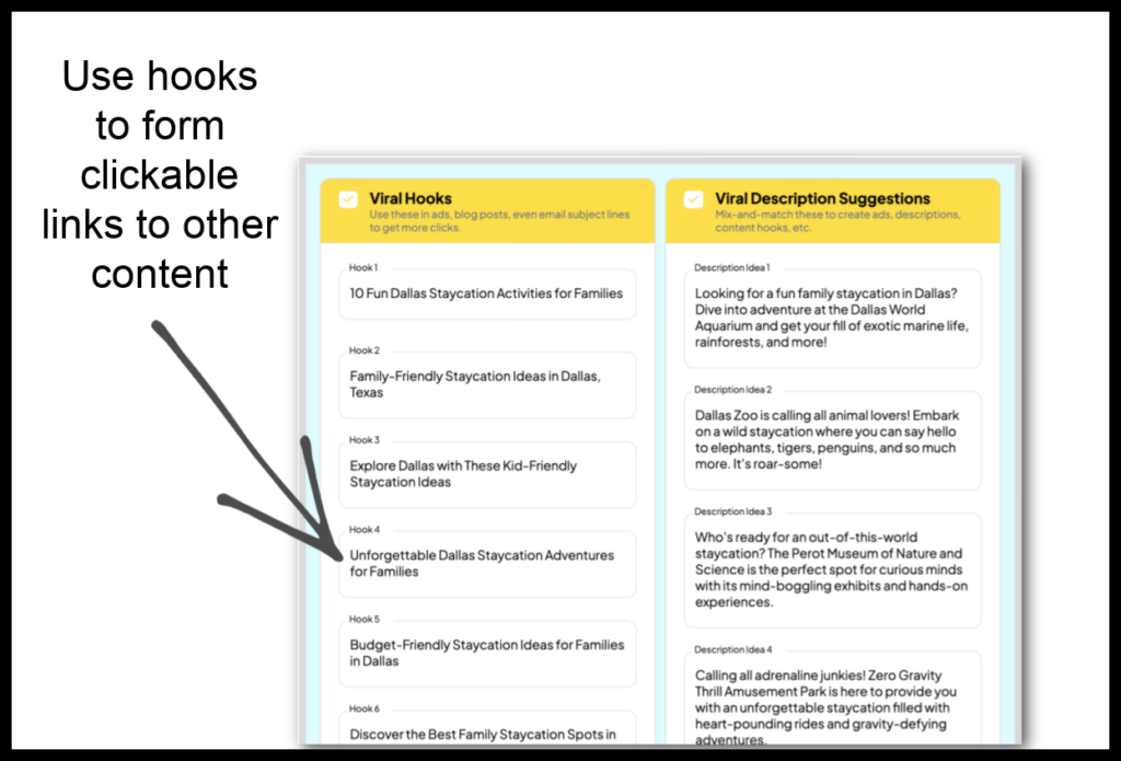 Image of Pagewheel's AI generated content for Viral Hooks and Viral Descriptions with text: use hooks to form clickable links to other content with arrow