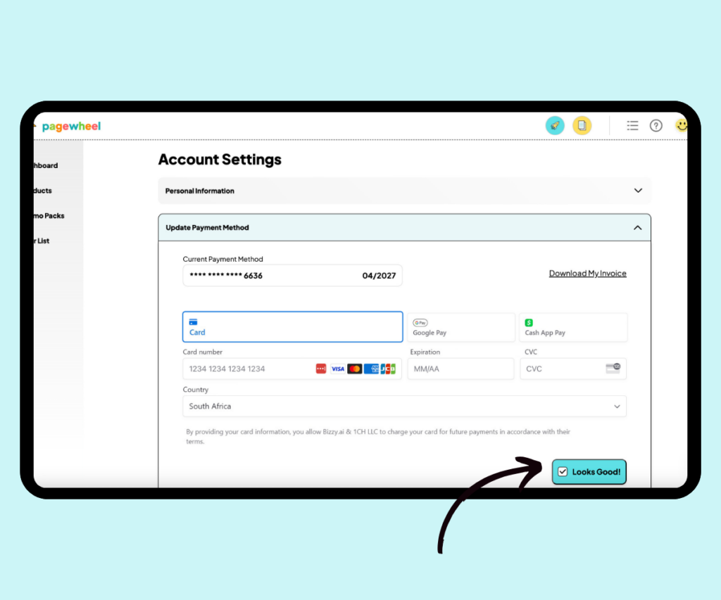 A screenshot showing how to confirm payment details in the “Update Payment Method” tab.