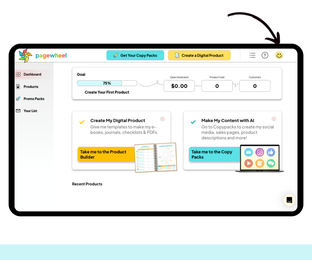 A screenshot showing how to access your account settings in Pagewheel. 