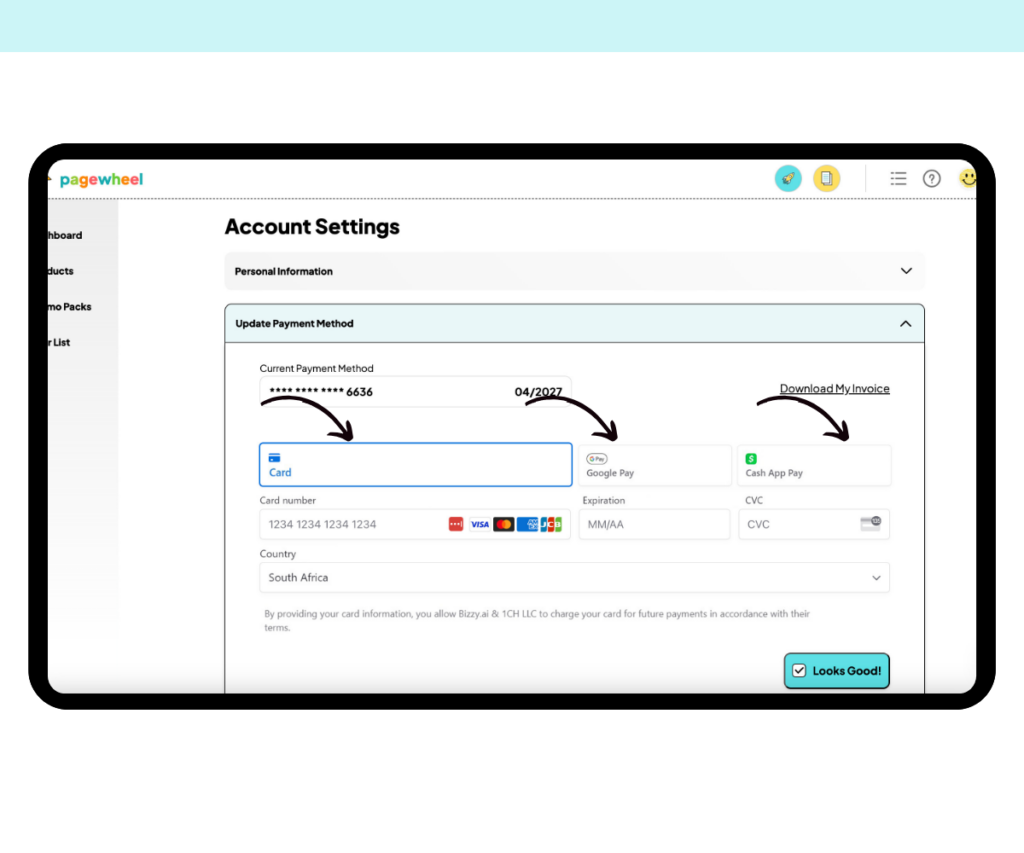 A screenshot showing where to enter your payment details in the “Update Payment Method” tab.