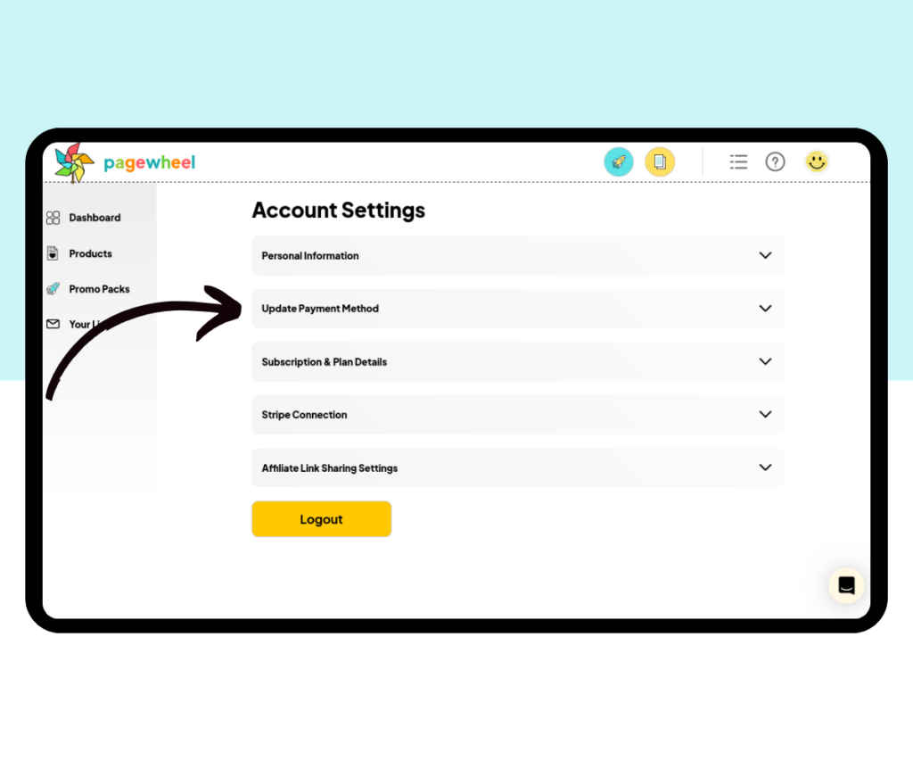 A screenshot showing where to find the “Update Payment Method” tab in Pagewheel's account settings.