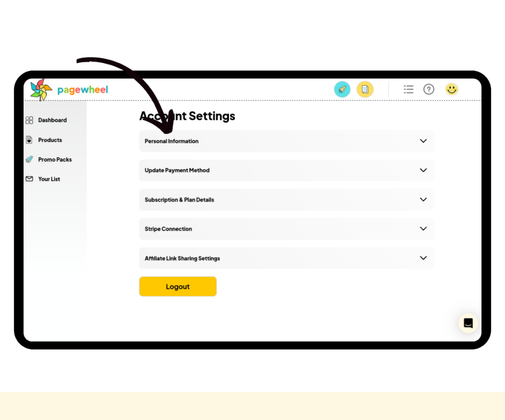 A screenshot showing where to find the “Personal Information” tab in Pagewheel's account settings.