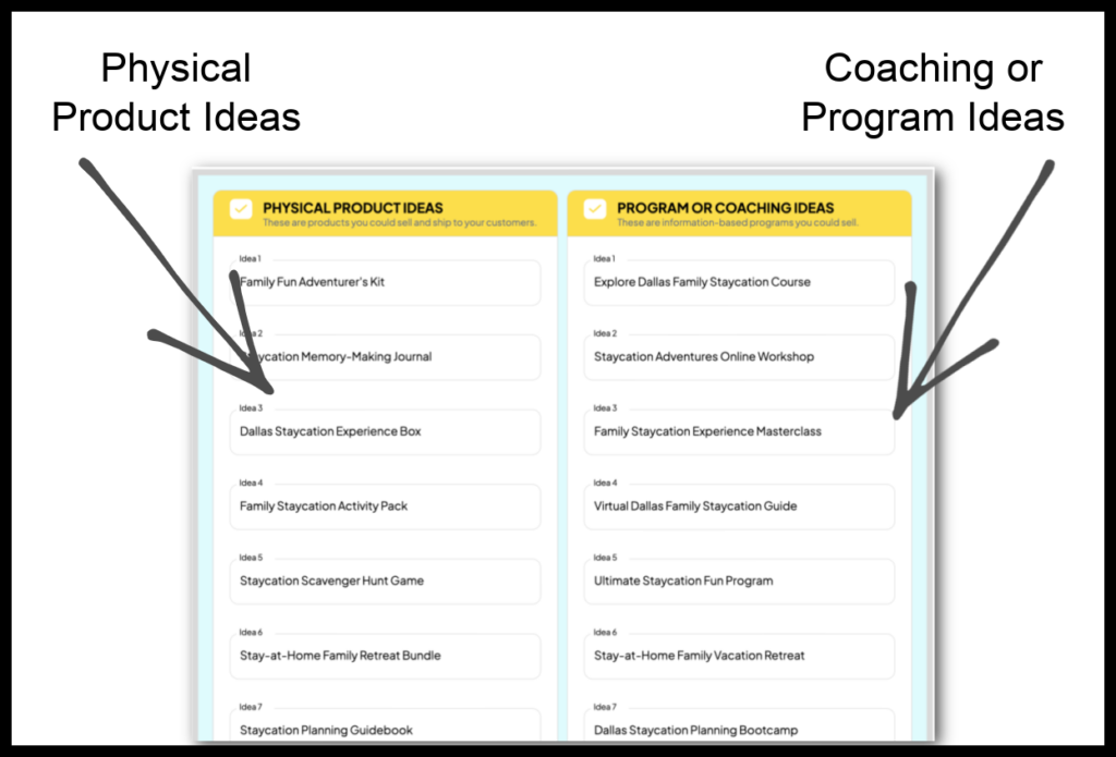 Pagewheel Product Ideas generated by AI with text: physical product ideas and coaching or program ideas