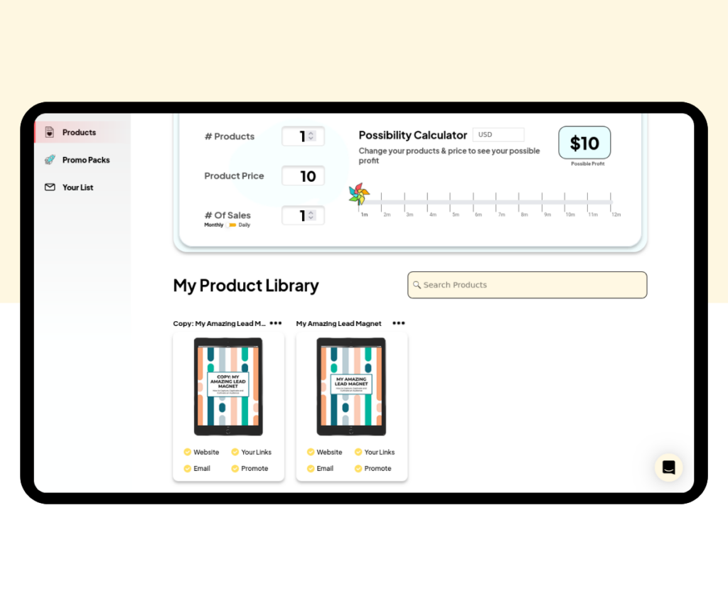 A screenshot of the product library screen.